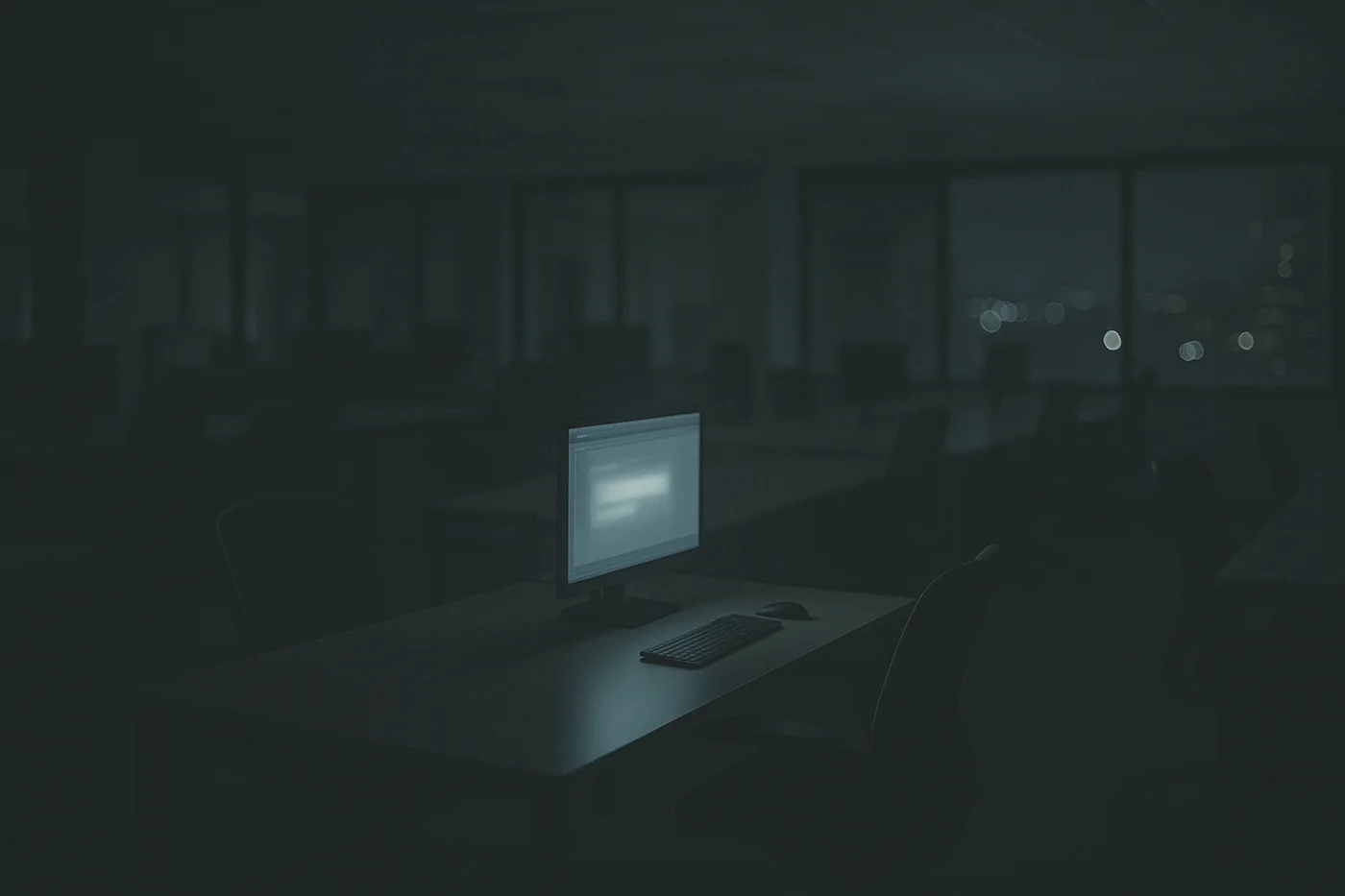 An open-plan software office at night, one desk still lit